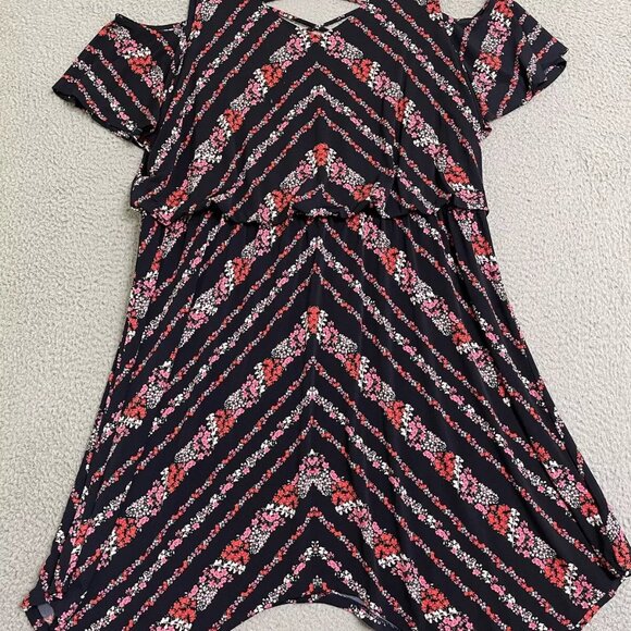 Maurice's Cold Shoulder Handkerchief Hem Navy Blue Pink Floral Midi Dress SZ 1 - Picture 3 of 15